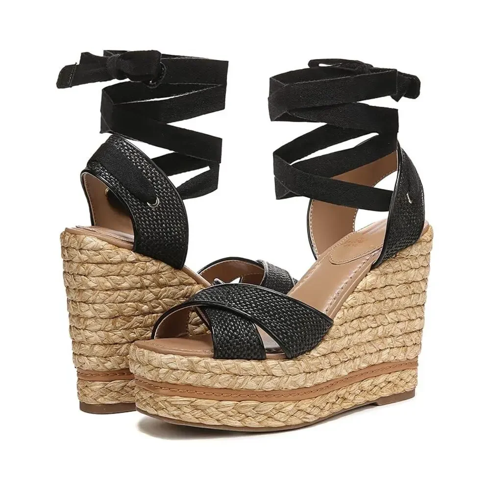 New Sam Edelman Black Strappy Vaughn Espadrille Wedge Sandals Size 10